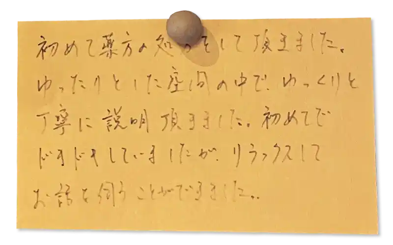 初めて薬方の処方をして頂きました。ゆったりとした空間の中でゆっくりと丁寧に説明頂きました。<br>
初めてでドキドキしていましたが、リラックスしてお話を伺うことができました。